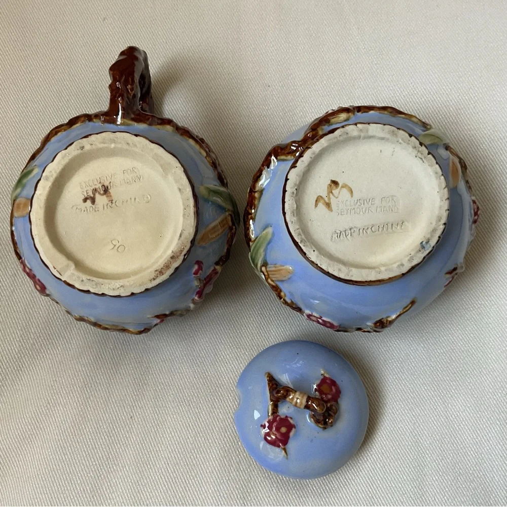 Whimsical Vintage Seymour Mann Majolica Lidded Sugar Jar and Creamer Set